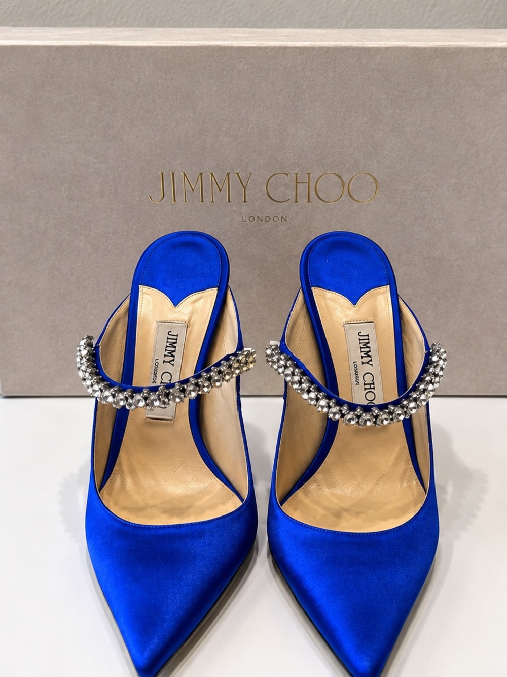 Rare Jimmy Choo Bing 100 Ultraviolet Crystal Satin Mules Heels 40 / US 10